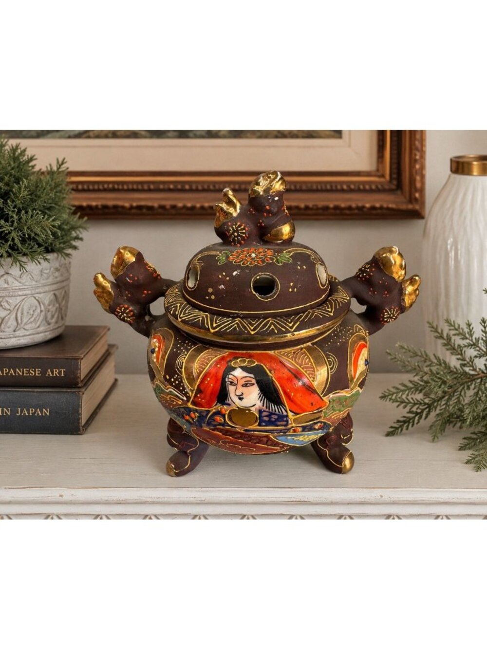 Antique 1920s Takito Japan Satsuma Incense Burner Censer Foo Dogs Moriage